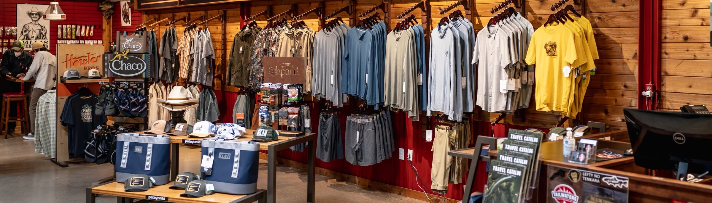 The apparel wall on the Tailwaters shop floor
