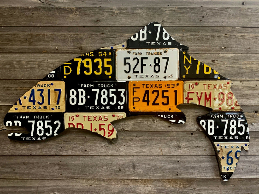Large Antique 4-Foot Texas Trout License Plate Art | Tailwaters Fly Fishing