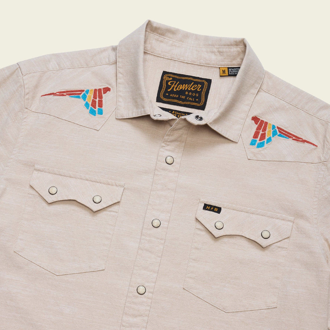 Howler Brothers Crosscut Deluxe Longsleeve, Parrot Patrol : Dune Chambray, front view, view 2