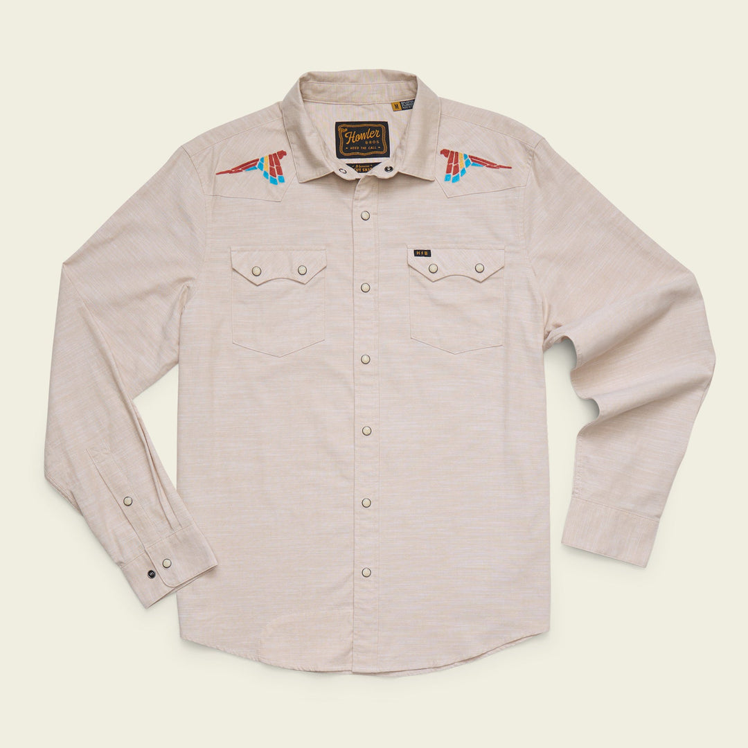 Howler Brothers Crosscut Deluxe Longsleeve, Parrot Patrol : Dune Chambray, front view