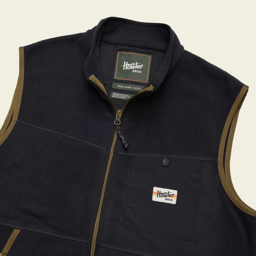 Howler Brothers Free Range Fleece Vest, Carbonite, angled view