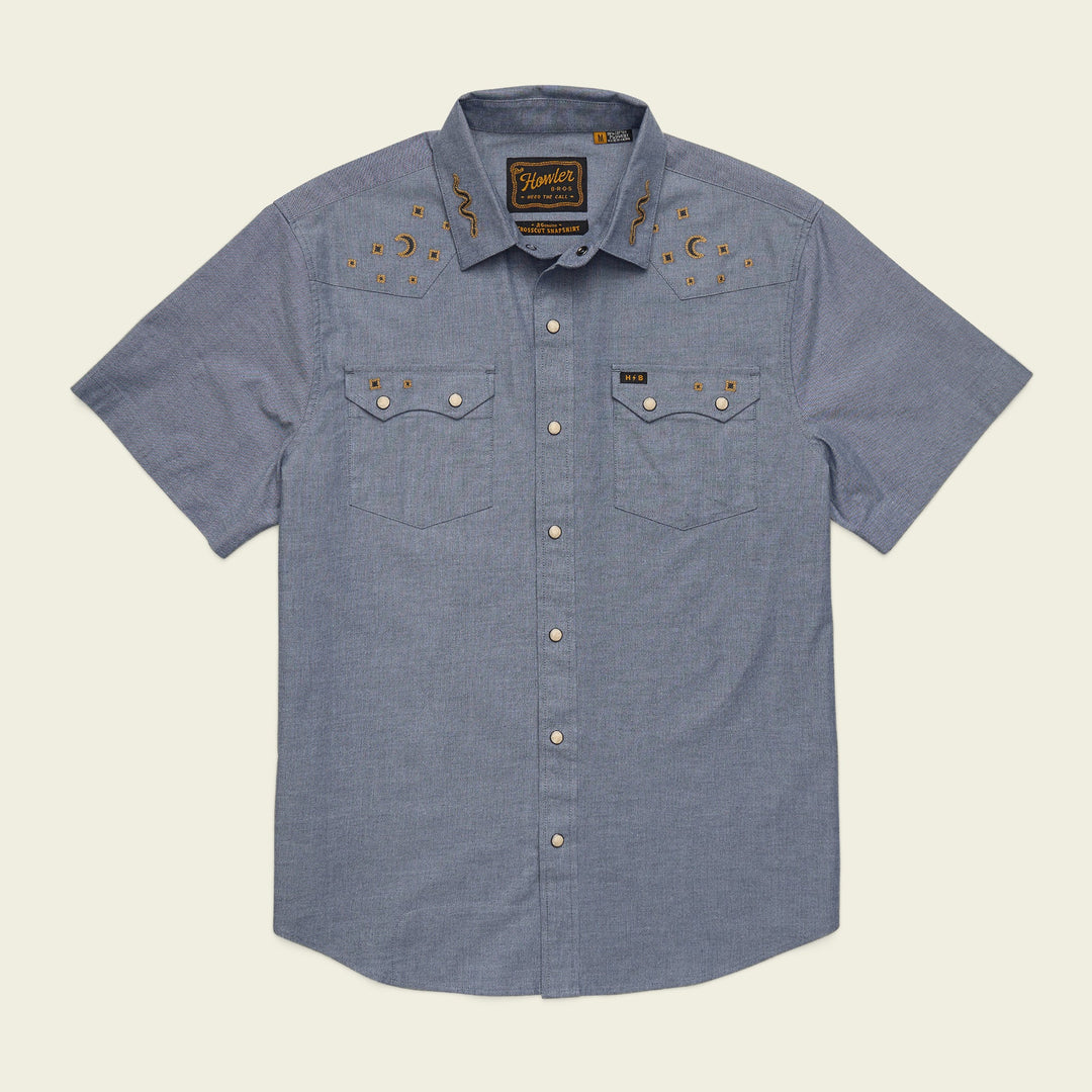 Howler Brothers Crosscut Deluxe Snapshirt, Noche de Paz : Indigo Chambray, front view