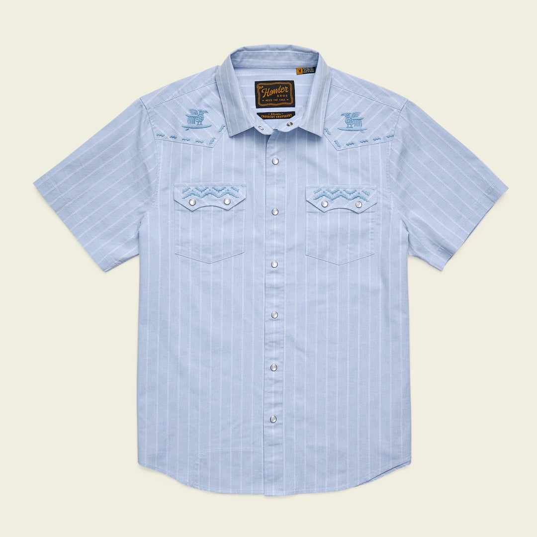 Howler Brothers Crosscut Deluxe Snapshirt, Surfbird : Sky Oxford Dobby, front view