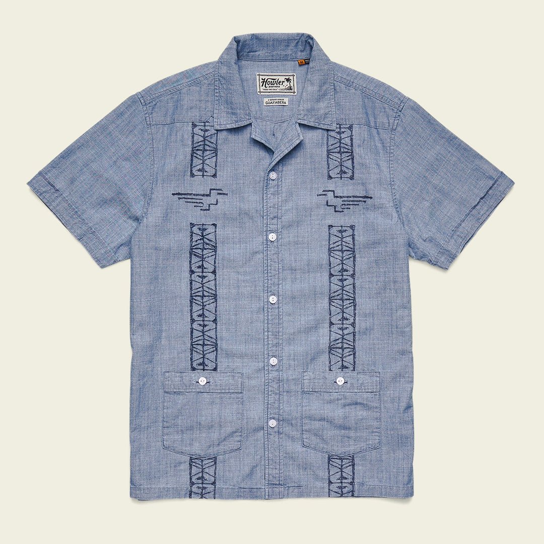 Howler Brothers Guayabera Shirt, Pictographs : Washed Indigo Chambray, front view