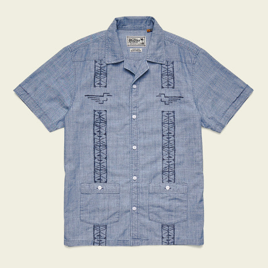 Howler Brothers Guayabera Shirt, Pictographs : Washed Indigo Chambray, front view